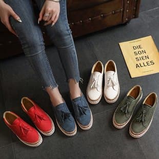 Export Large Size Women's Shoes 2021 Summer New Vintage Round Toe Elastic Hollow Flat Shoes, Casual Tassel Flat Board Shoes