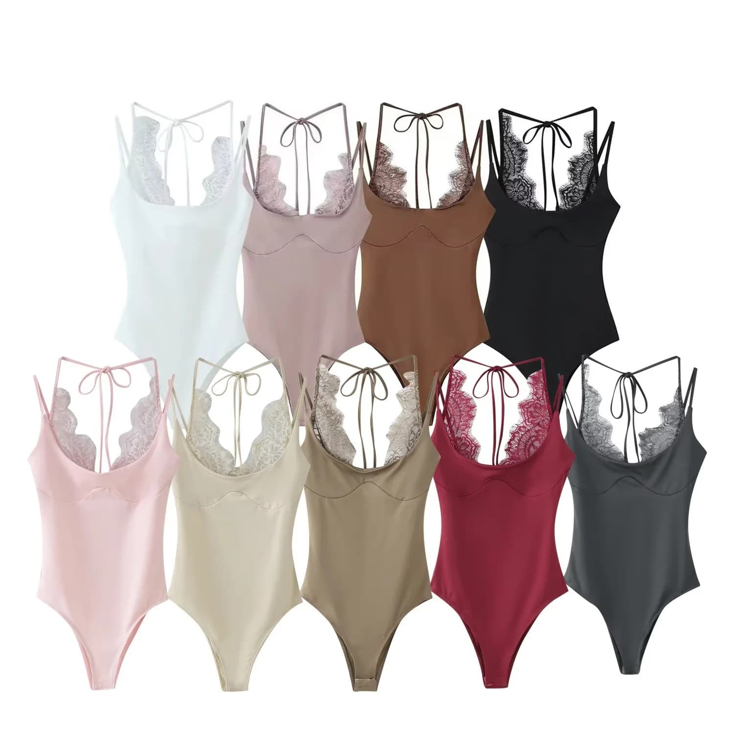 European and American Style Amazon AliExpress Hot Fashion Trendy Versatile Three-Color Lace Patchwork Knitted Bodysuit