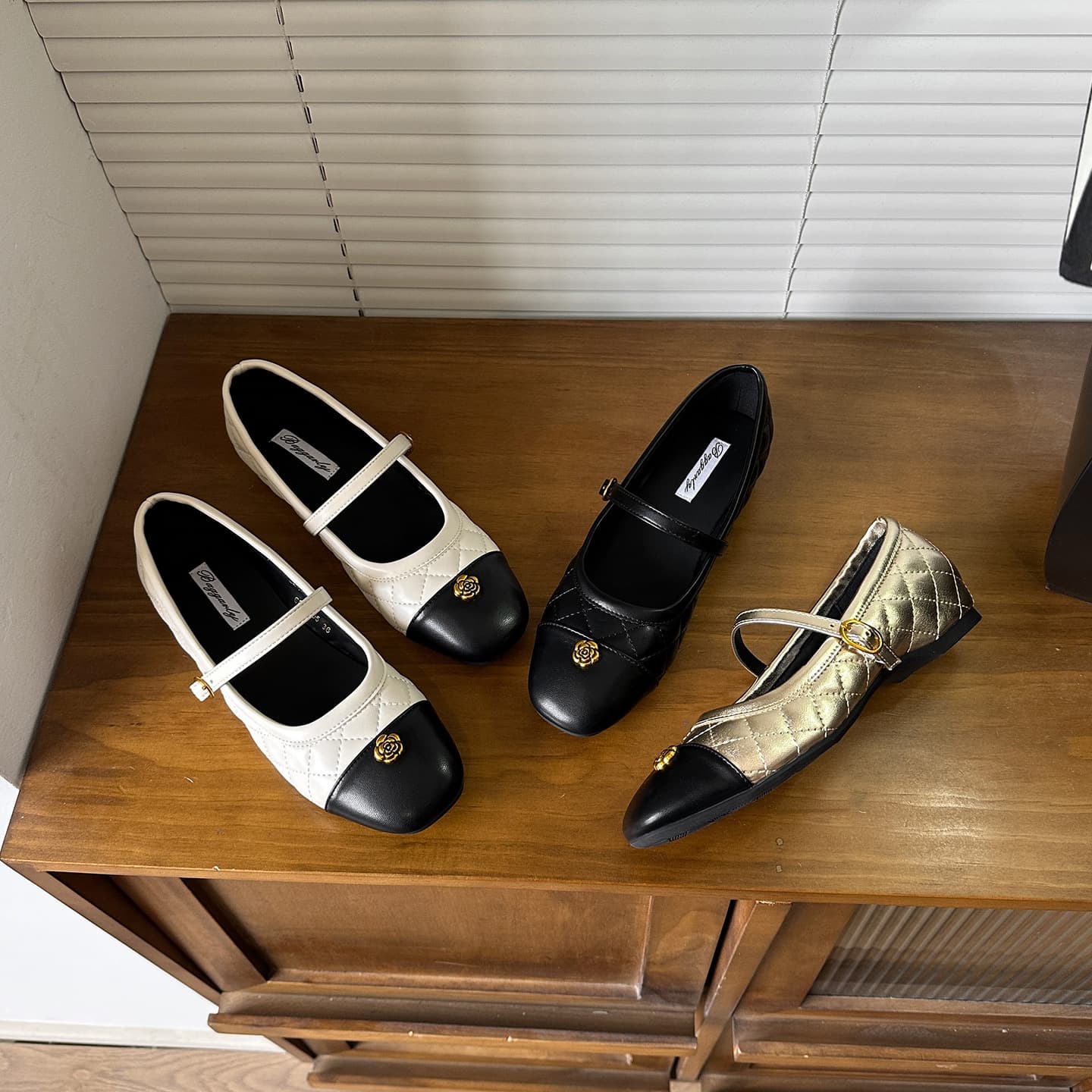 Mary Jane Shoes for Women, New French Style Color-Blocking Single-Strap Height-Increasing Ballet Flats with Diamond Pattern, Chanel-Style Flat Large Size Shoes