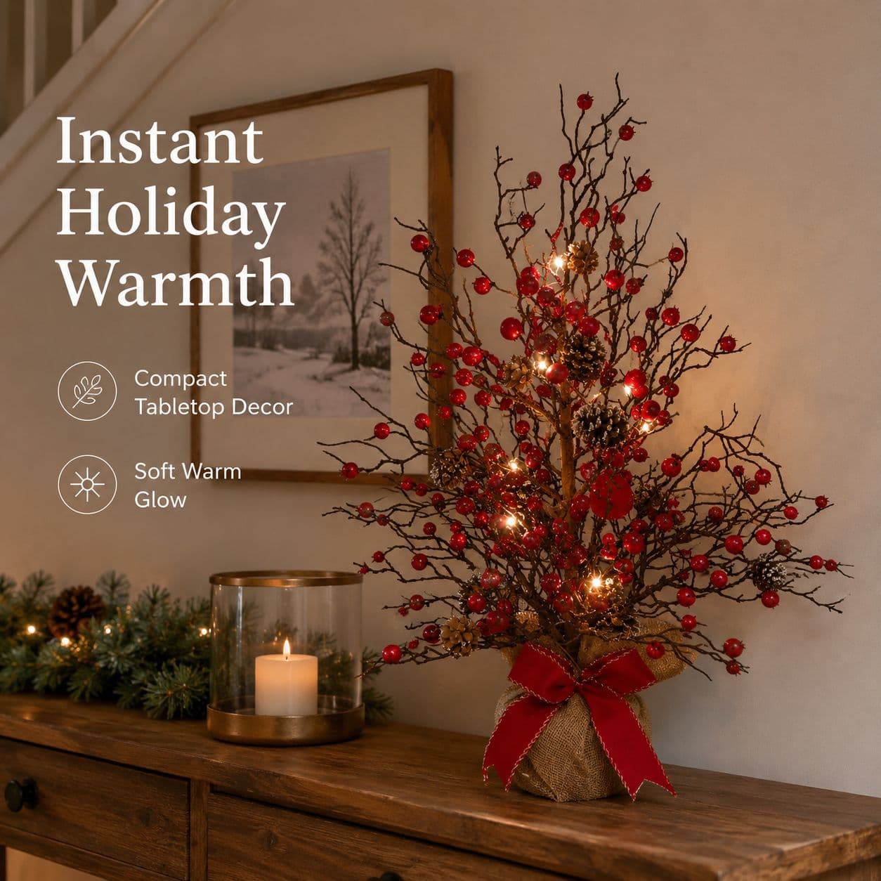 Christmas Desktop Red Berry Tree Ornament with Lights, Burlap Base, Pinecones and Birds, Home Window Display Decoration