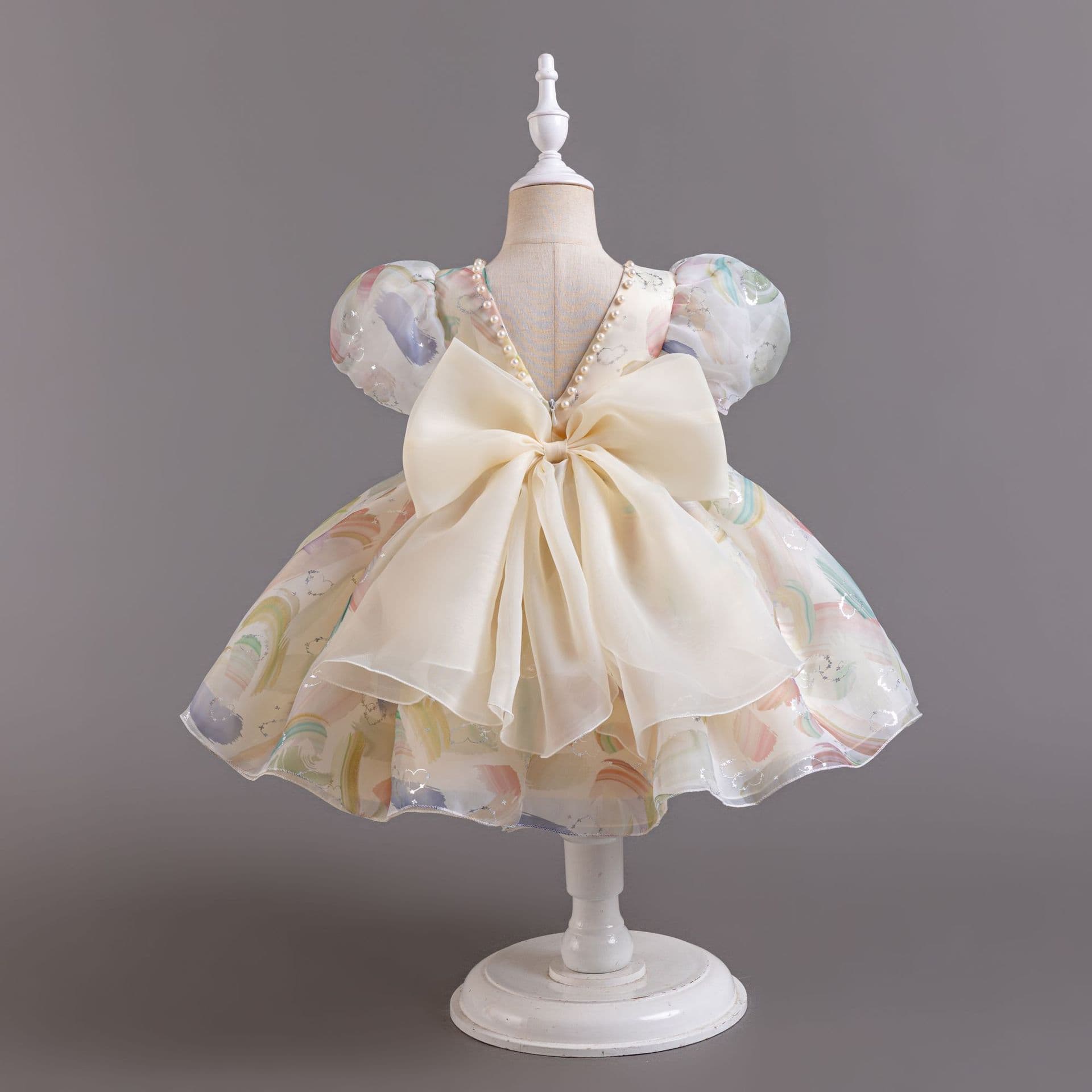 Summer 2024 Princess Style Floral Print Skirt for Girls with Bubble Sleeves Mesh Puffy Dress Children's Clothing Polyester Fabric