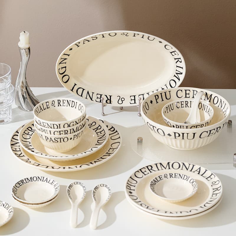 Simple Letter Cream Bowl Plate Set for Home Use, French Modern Ceramic Dinnerware Set, High-Aesthetic Bowls and Plates