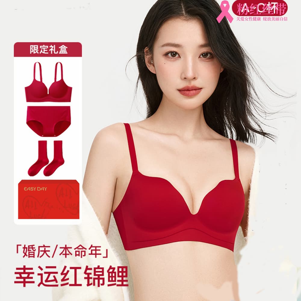 Red Lingerie for Zodiac Year, Push-up Bra for Small Bust, Seamless Bra Set for Wedding Bride, Panties and Socks Set