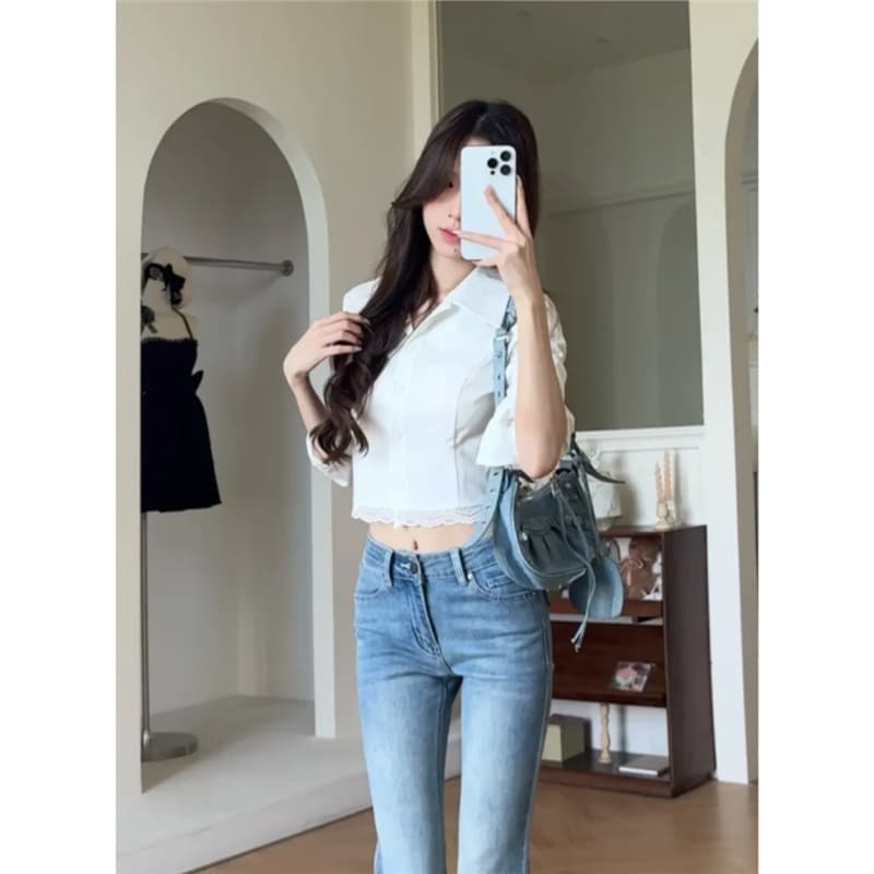 Autumn new pure lust style basic versatile slimming design niche stitching lace hot girl shirt women's clothing