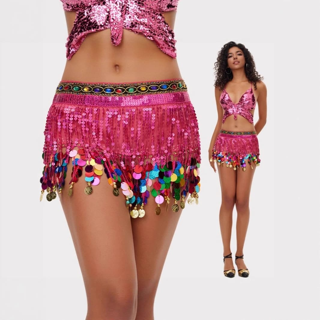 Cross-Border Best-Selling Belly Dance Hip Scarf with Sequins and Tassels, Indian Dance Gong Pure Colorful Sequins Practice Belt