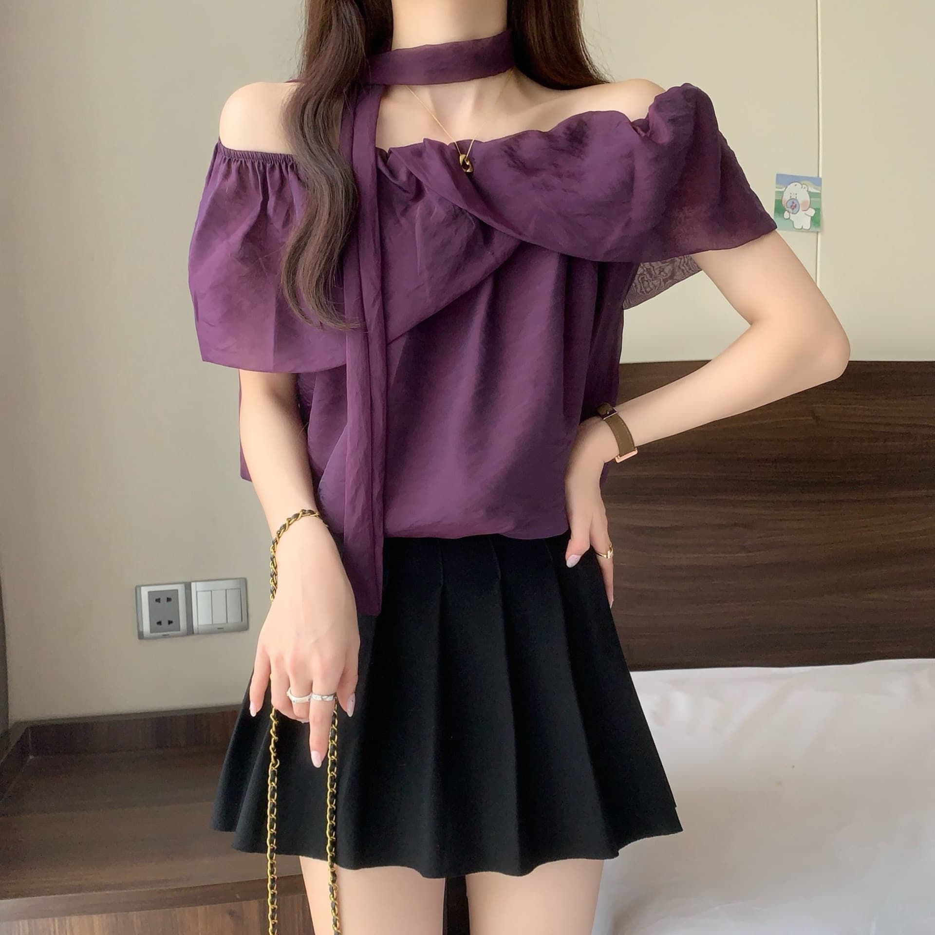 French One-Shoulder Halter Neck Purple Chiffon Short-Sleeve Blouse for Women, Summer Plus Size Flirty Off-Shoulder Top