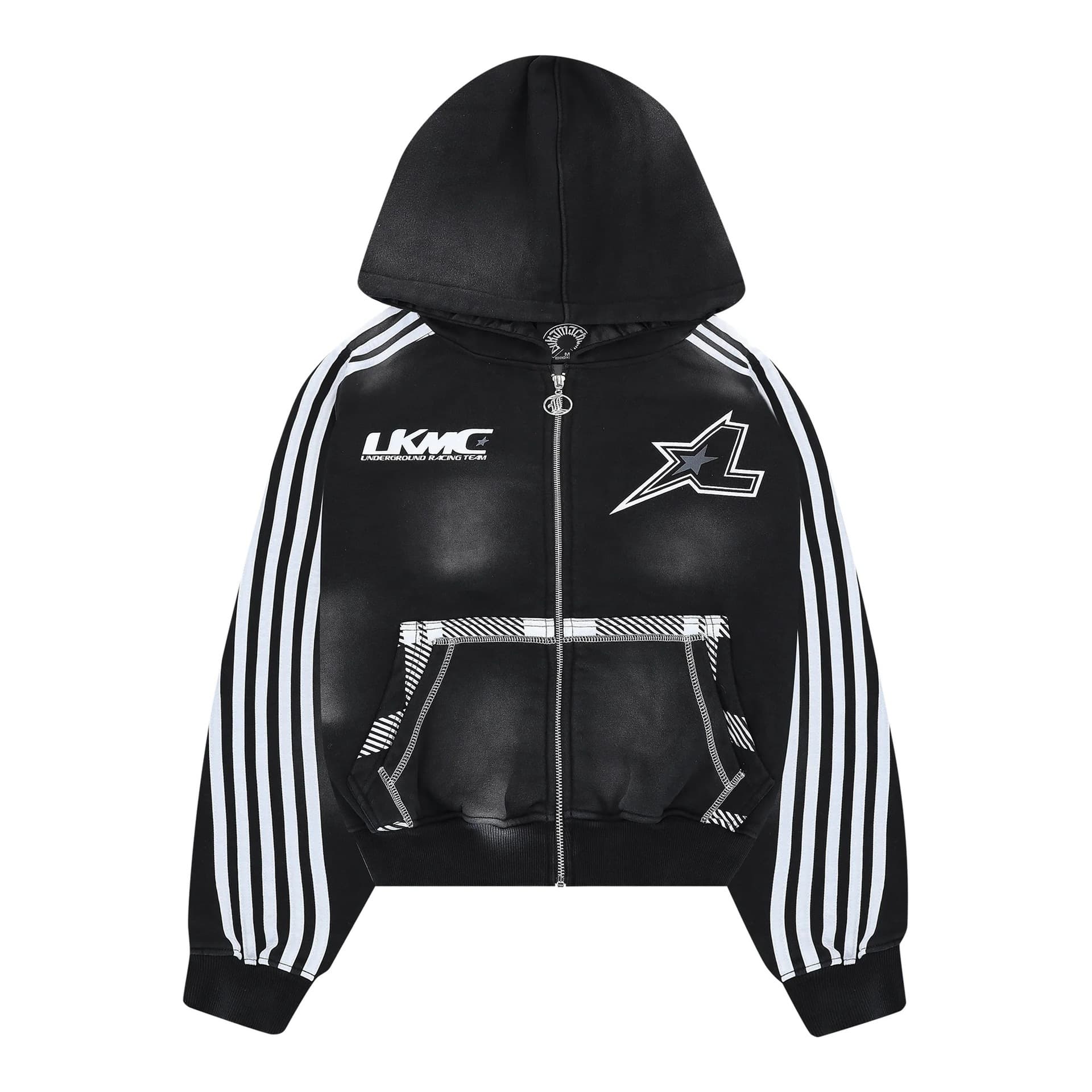 Cross-border Vintage Washed Hoodie Side White Stripe Star Pocket American Street Zip Jacket