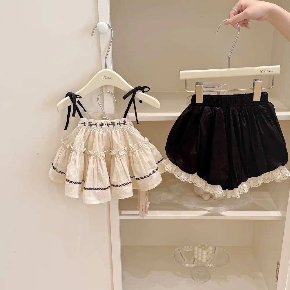 Girls Summer Outfit 2026 New, Baby Girl Embroidered Camisole Top with Fashion Lace Shorts Two-Piece Set