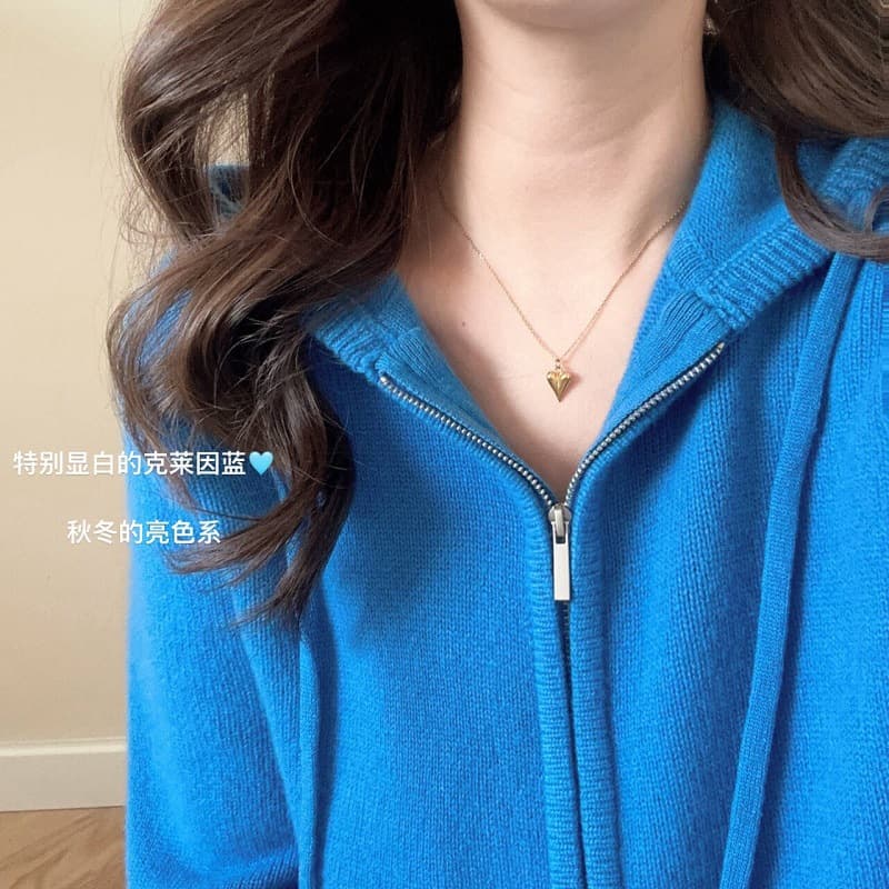 Soft and flattering winter sweater, custom-dyed Klein blue fine wool zip-up hooded cardigan for women.