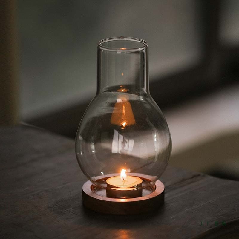 Zen-style candle stand with windproof glass shade, Chinese retro style household aromatherapy wax light, tea room decoration piece