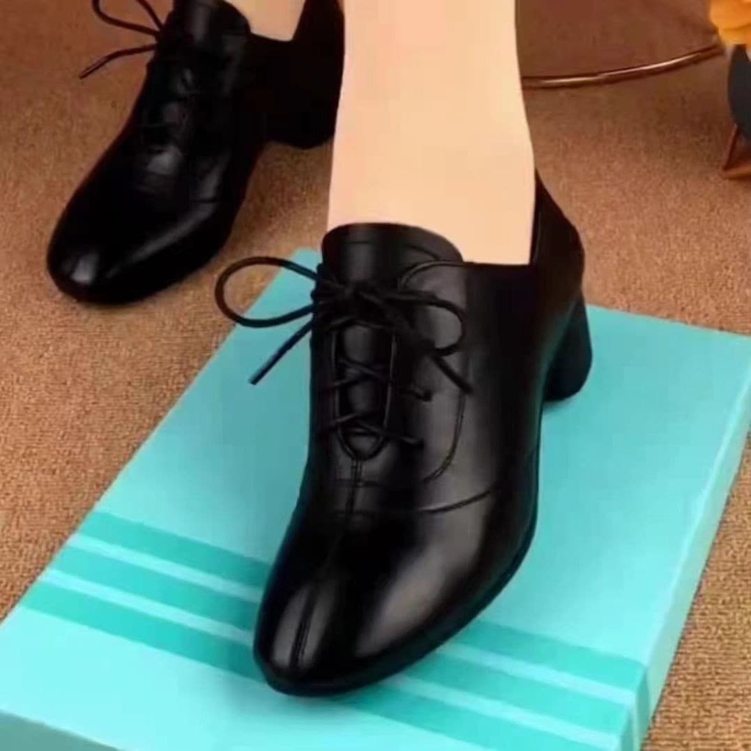 2025 New Shoes for Women Spring and Autumn New Style Thick Heel Medium Heel Women's Shoes Square Toe Lace Up Black Leather Shoes Women's Shoes