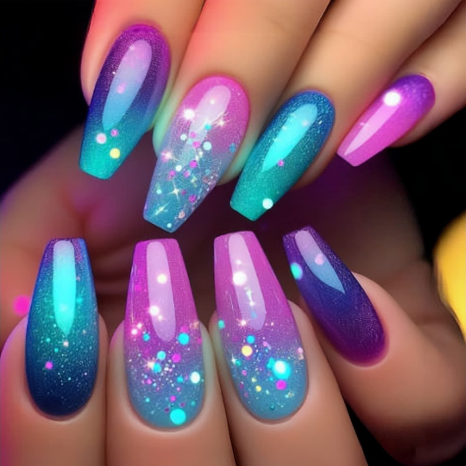 Press-On Nail Tips Medium-Long Length Purple Galaxy Star Dot Nail Art Stickers New Year