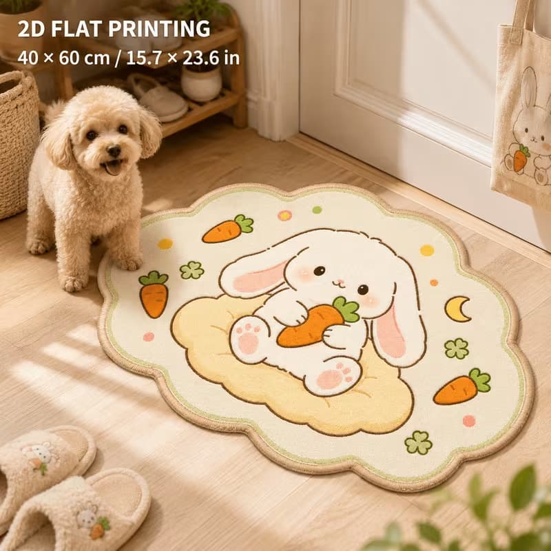 Cute cartoon white rabbit cloud-shaped imitation cashmere floor mat for home bedroom, skin-friendly and soft foot mat, ready for shipping