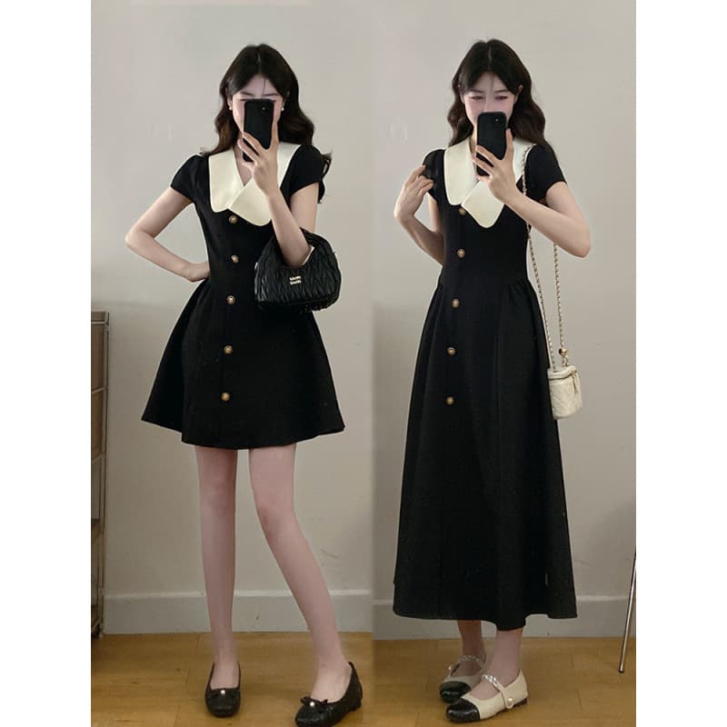 Actual photo~ Plus size women's 2026 summer new French Hepburn style little black dress, cinched waist, slimming A-line dress