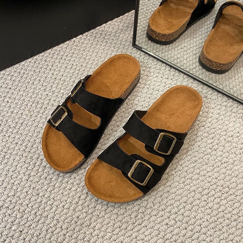Thick Sole Cork Double Buckle Sandals Cross-Border Drop Shipping Women's Summer Casual Beach Sandals for Dresses