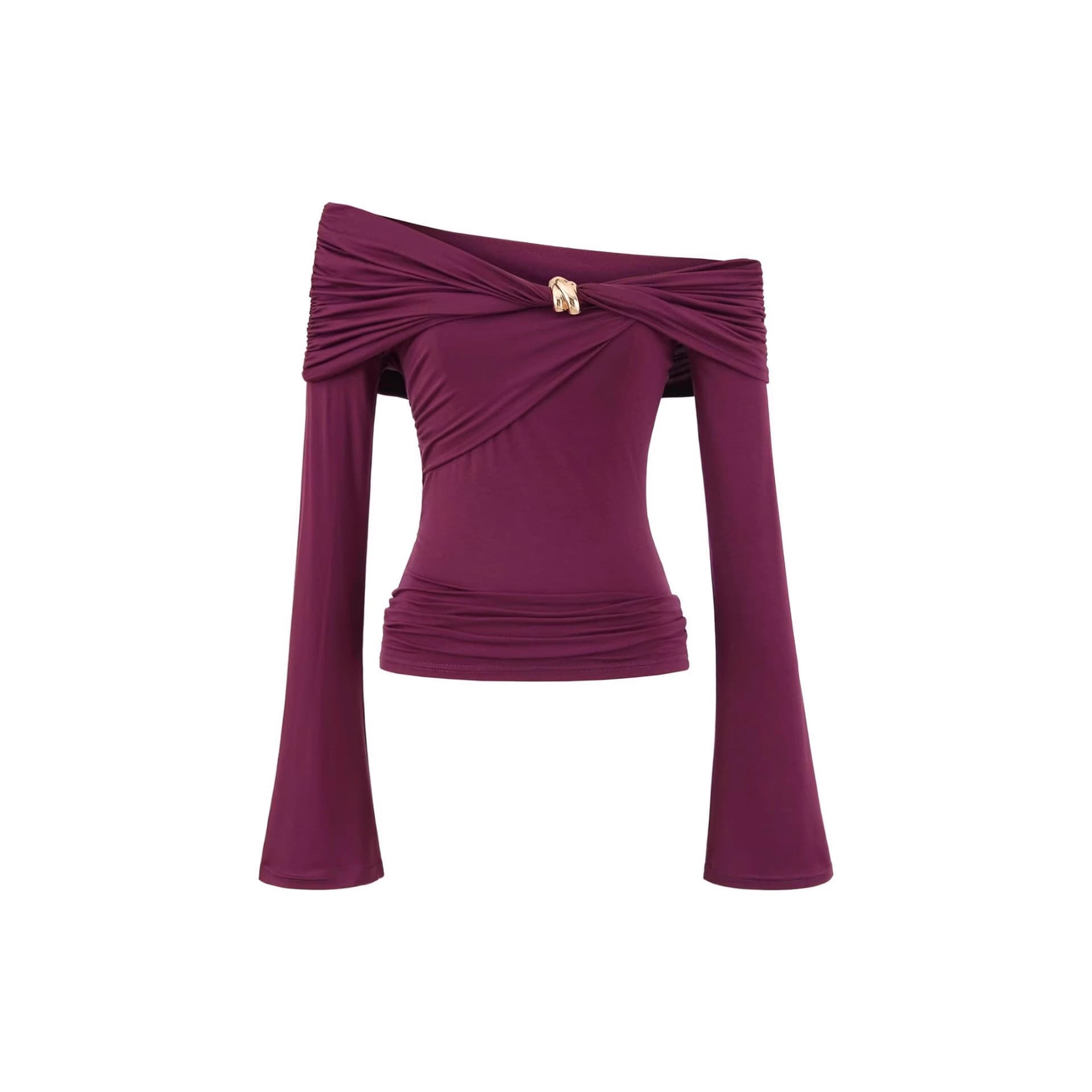 Pure Desire Style Metal Bow Off-Shoulder Fitted Long-Sleeve Crop Top with Tie for Fall
