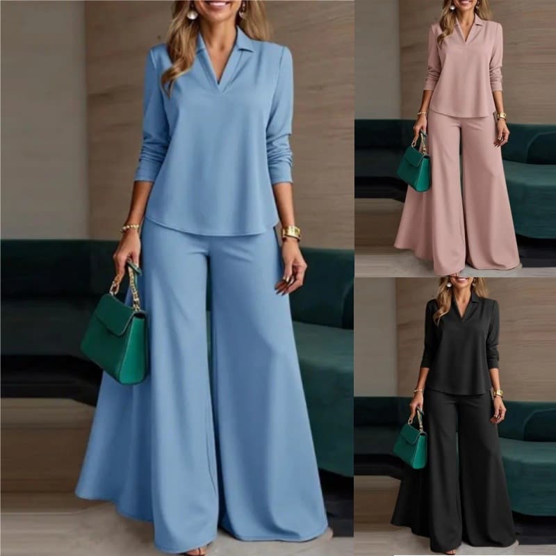 2026 Fashion Women's Two-piece Trouser Suit Simple V-neck Long Sleeve Top and Wide Leg Pants - Women's Business Wear