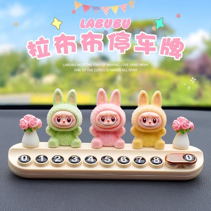 Labubu Parking Sign 2025 New Labubu Flocked Doll Car Temporary Parking Number Plate Decoration