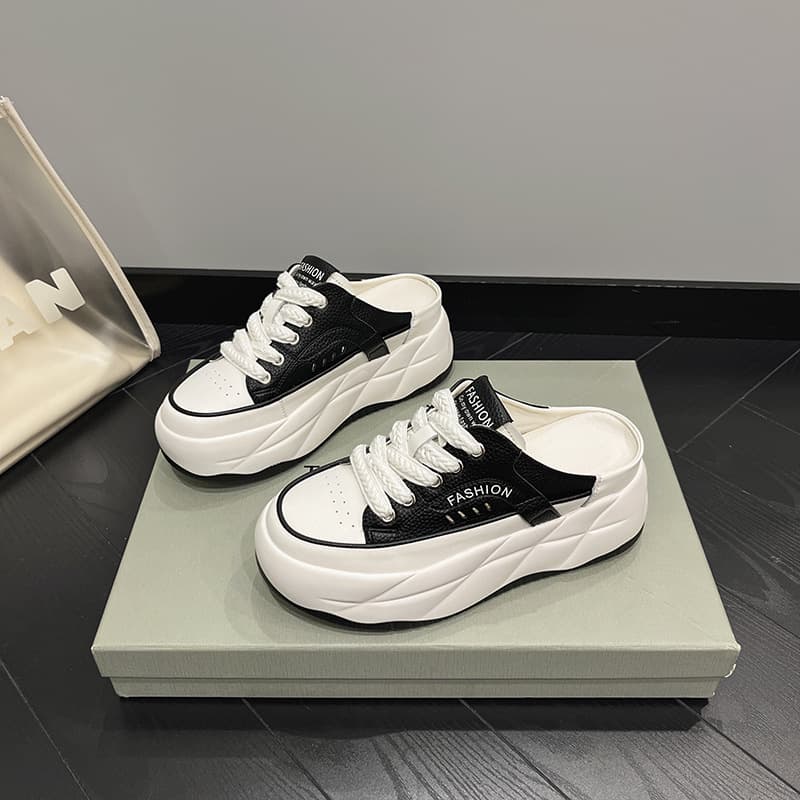 2023 Summer New Women's Half Slippers Genuine Leather Thick Bottom Casual Sporty White Shoes Niche Versatile With Head Cover