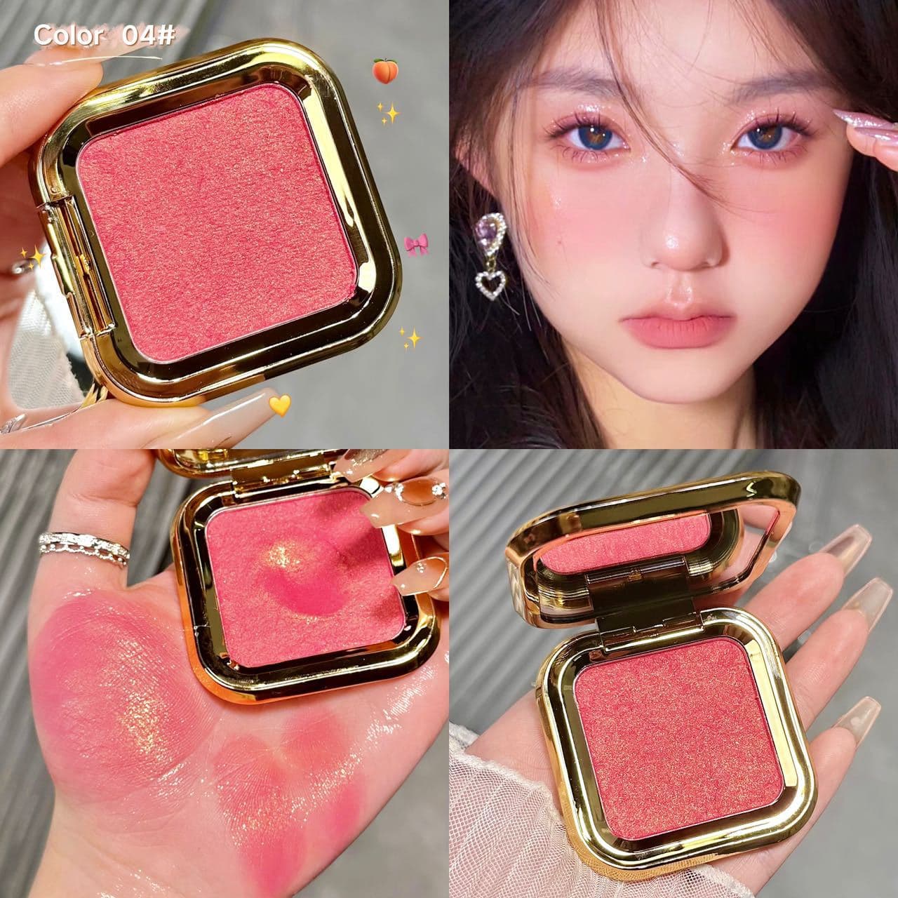 Mashed potato-inspired matte blush, natural sun-kissed look, subtle nude makeup, brightening effect, highlighter, contouring, waterproof and long-lasting.