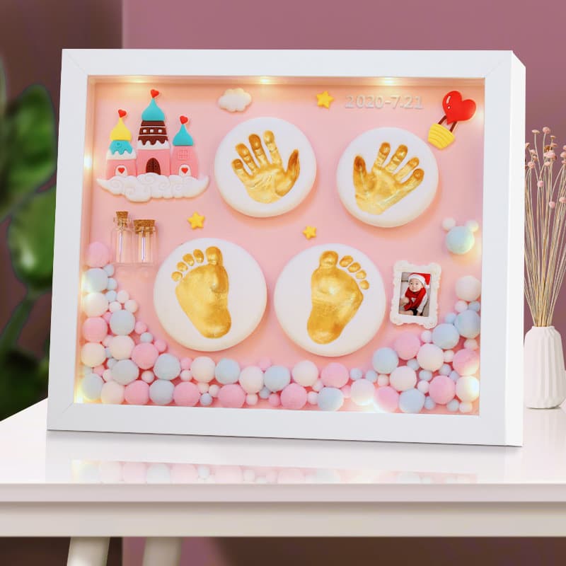 Baby hand and foot print clay hair keepsake photo frame, newborn first birthday hand and foot print full moon and 100-day gifts wholesale