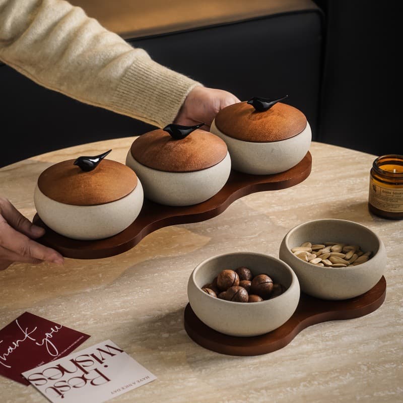 Rough Ceramic Candy and Nut Box with Lid, Zen Chinese Vintage Simple Japanese Style Premium Candy Tray for New Year