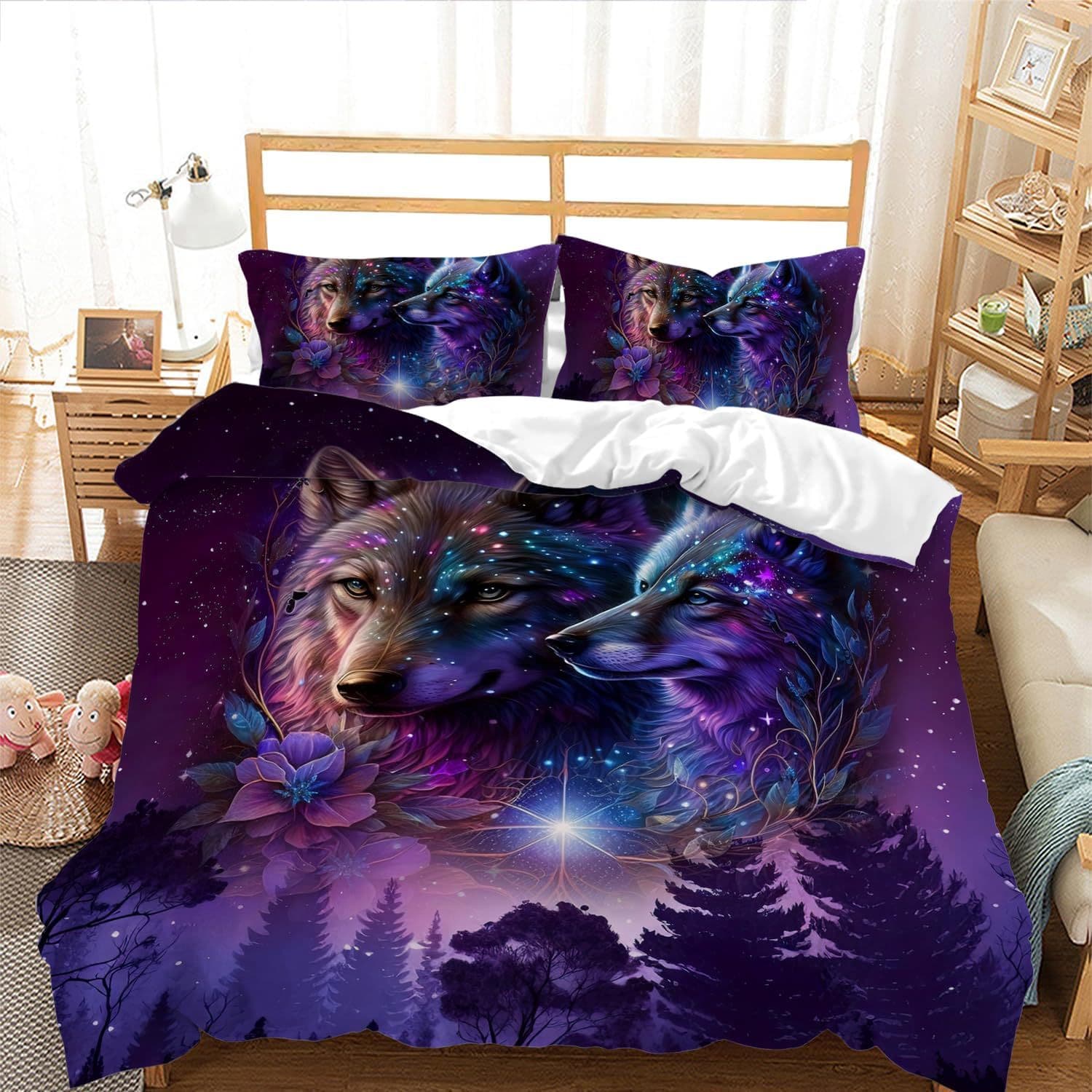 Purple Starry Night Galaxy Bedding Set Fantasy Wolf Quilt Set Duvet Cover 1 Duvet Cover 2 Pillowcases