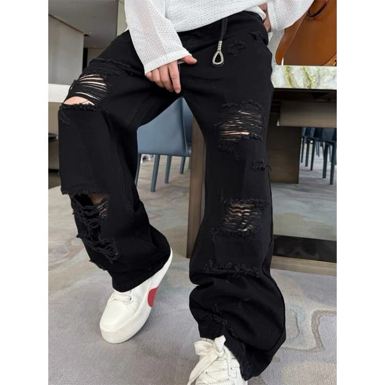American Trendy Distressed White Denim Jeans for Men Summer New Versatile Half Elastic Waist Loose Straight Casual Long Pants