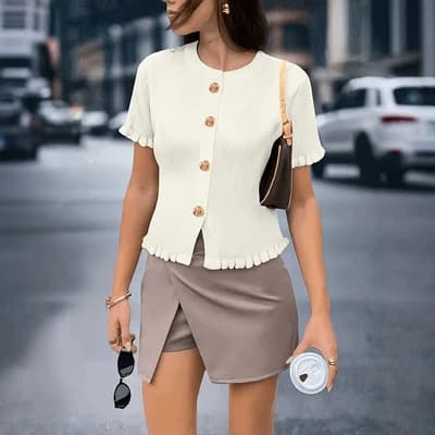 2026 Summer New Button Earring Edge Design Elegant Casual Short Sleeve Single Row Button Women's Fashion for Cross-border E-commerce