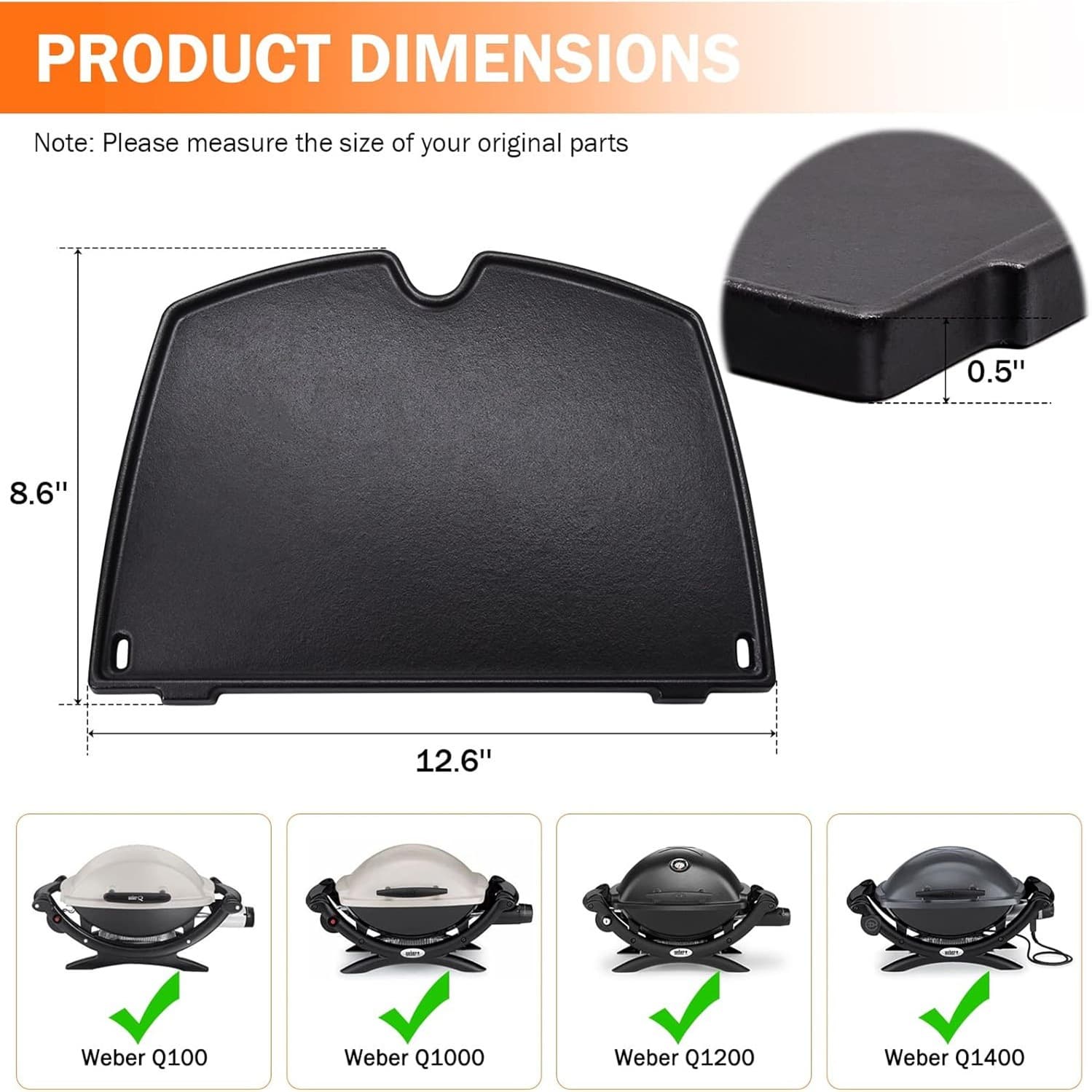 Amazon's best-selling 6558 cast iron baking pan is suitable for Weber Q1000, Q1200, Q1400, Q120, and Q140.