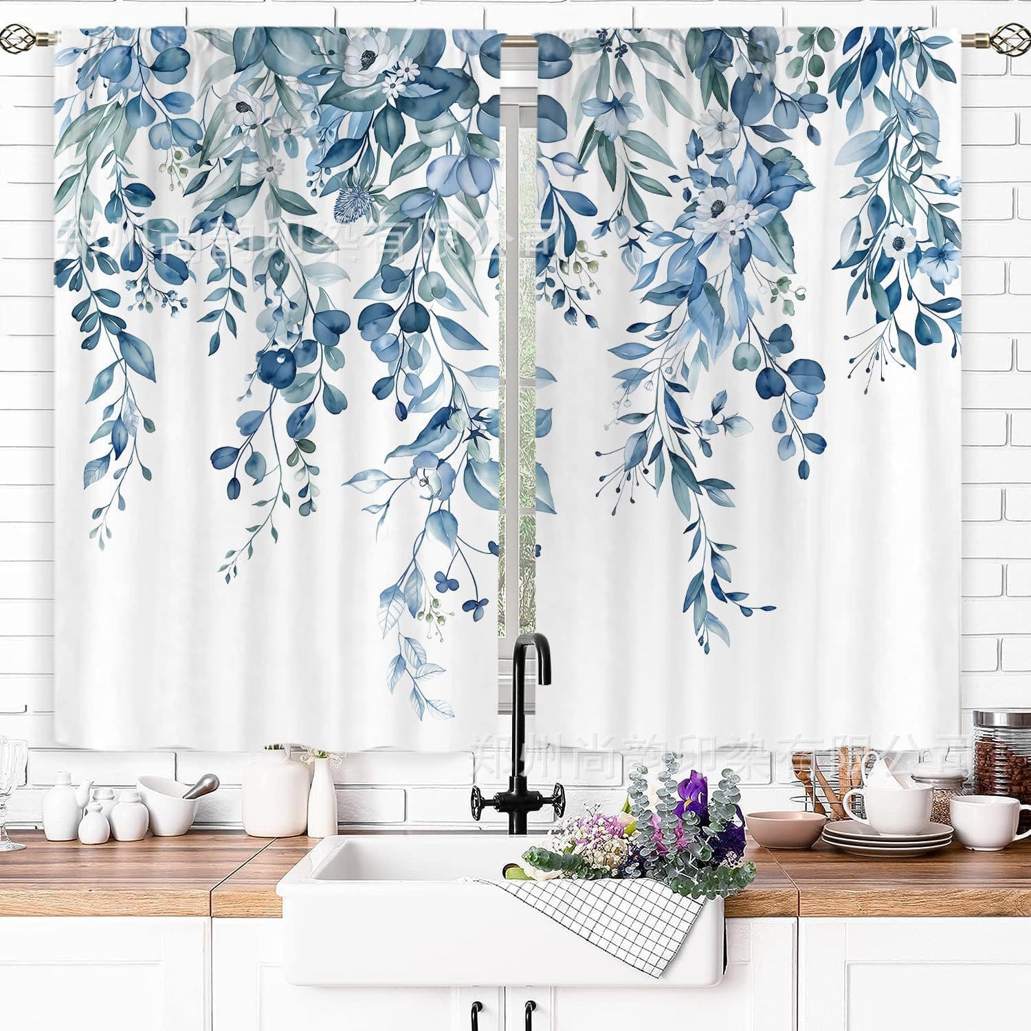 Foreign Trade Amazon TEMU Blue Sage Green Plant Print Curtain Valance Kitchen Coffee Short Curtain Atmosphere Decoration