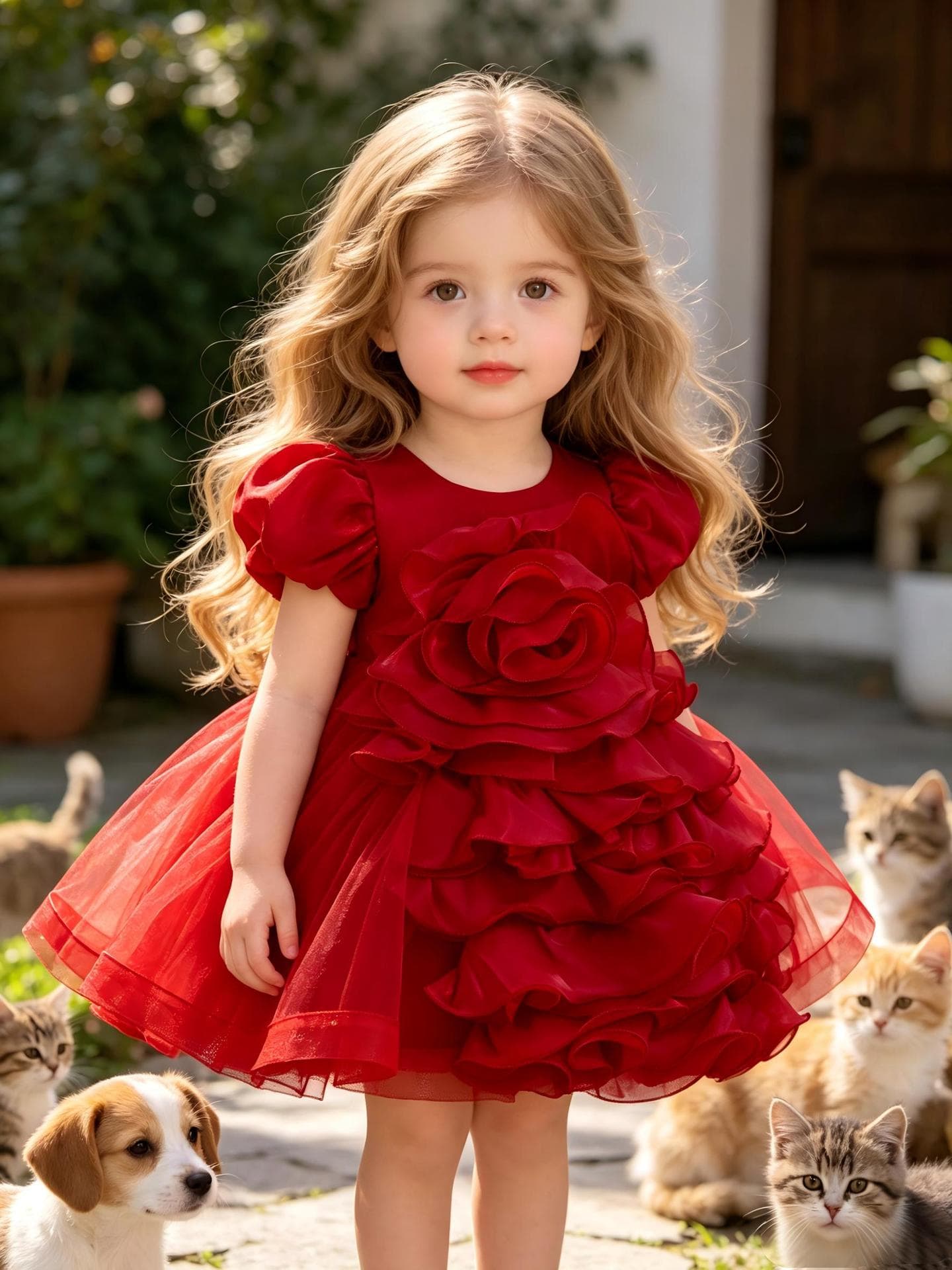 Cross-border Children's First Birthday Formal Dress Puffy Skirt Bubble Sleeve Girls 3D Flower Princess Dress Birthday Performance Dress