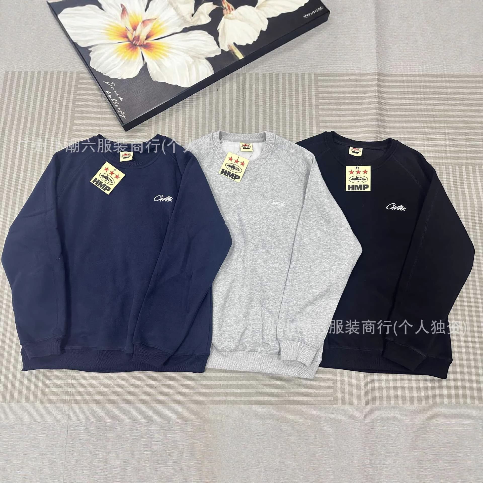 HMP American Street CORTEIZ Alcatraz Plus Velvet Embroidery Solid Color Sweatshirt Hip-Hop Street Pure Cotton Pullover Couple