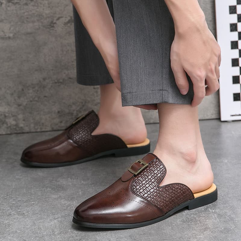 Cross-Border Summer Business Slip-On Half-Slipper Men's Fashion Brogue Toe-Cap Loafers Korean-Style Heelless Leather Shoes