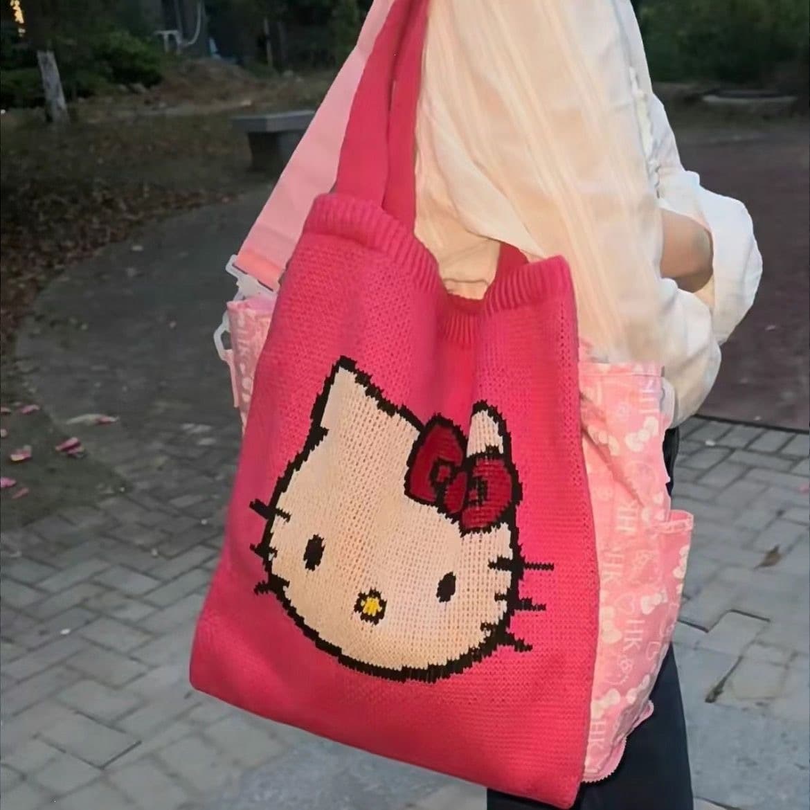 Carry commuter cartoon tote bag, woolen versatile large-capacity Hello Kitty shoulder bag, knitted bag, cute