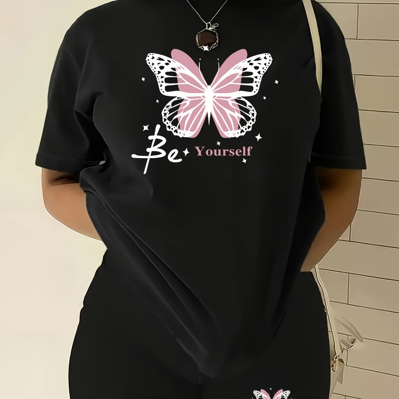 Butterfly Print Round Neck Short Sleeve T-Shirt + Shorts Fashion Casual Versatile Two-Piece Set Women's Clothing Cross-Border Hot Sale