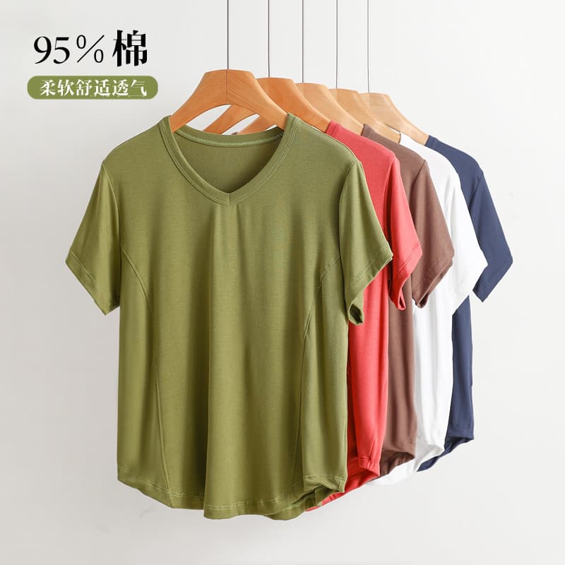 Women's T-Shirt Summer New Style V-Neck Short Sleeve Solid Color Mother's Top Plus Size Loose Fitting Slimming Cotton Undershirt