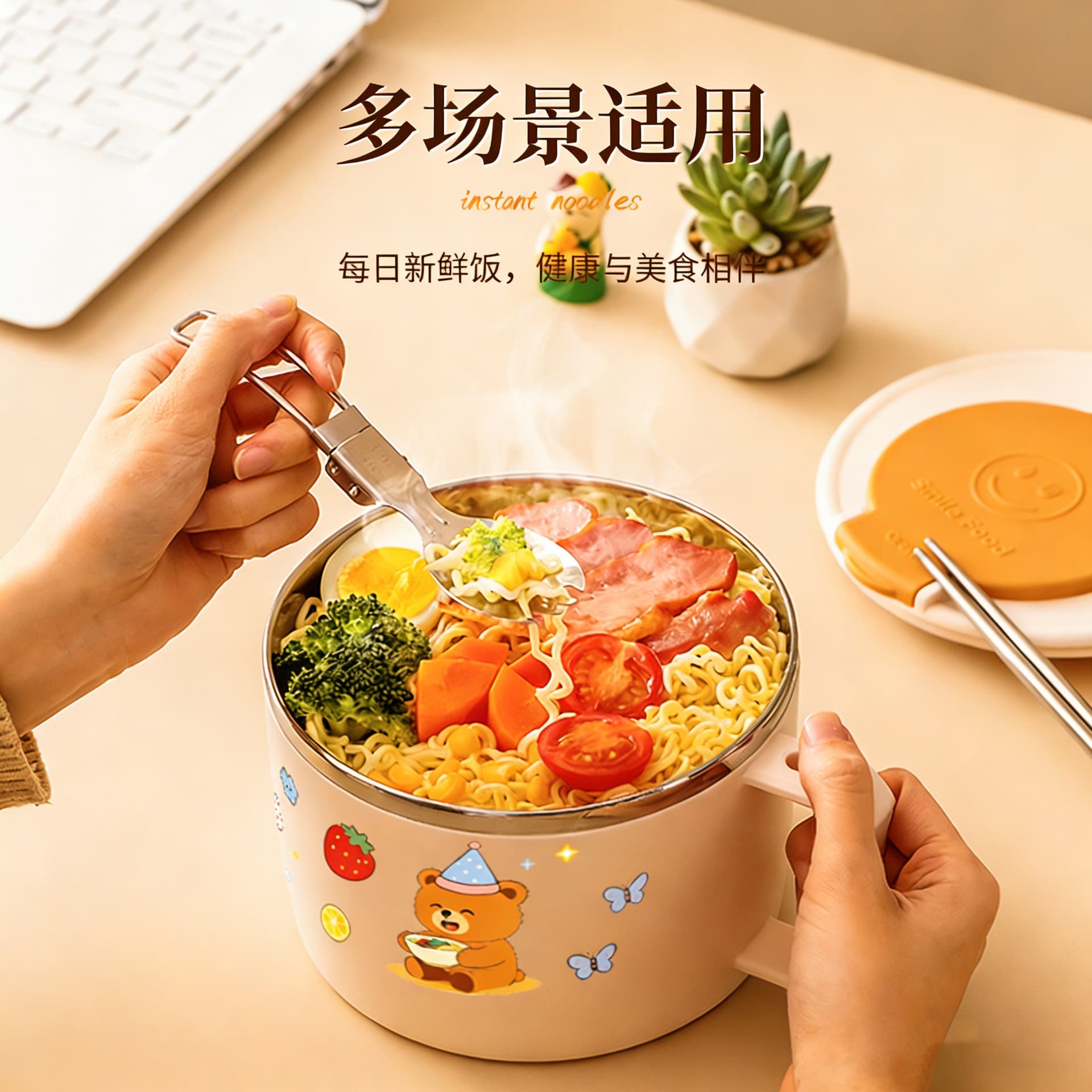 304 Stainless Steel Instant Noodle Bowl, Large Capacity, Deepened with Strainer, for Student Dormitory, Work Meals, Portable, with Lid, Large Capacity