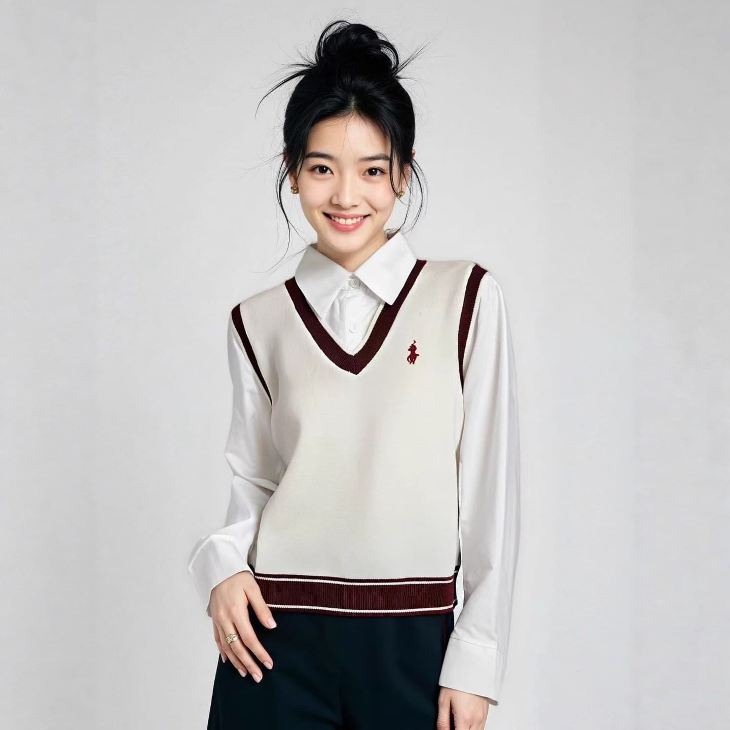 Korean Academic Style Youthful Niche Polo Neck Faux Layered Long Sleeve Shirt Vest Unique Autumn Top for Women