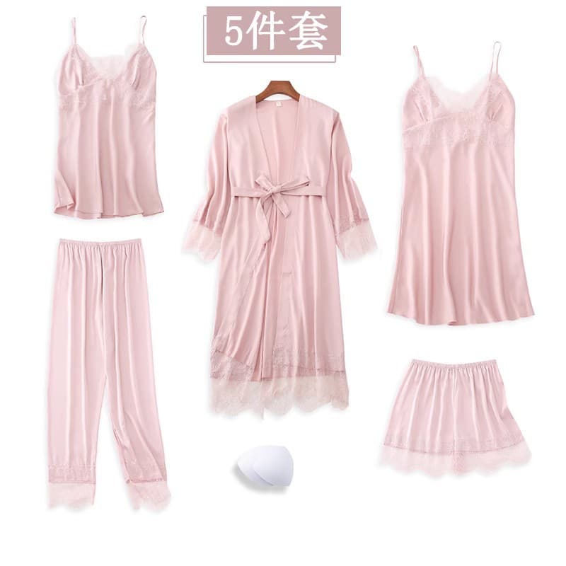 Women's Spring/Autumn Silk Sleepwear Set, Sexy 5-Piece with Built-in Pads, Premium Loungewear