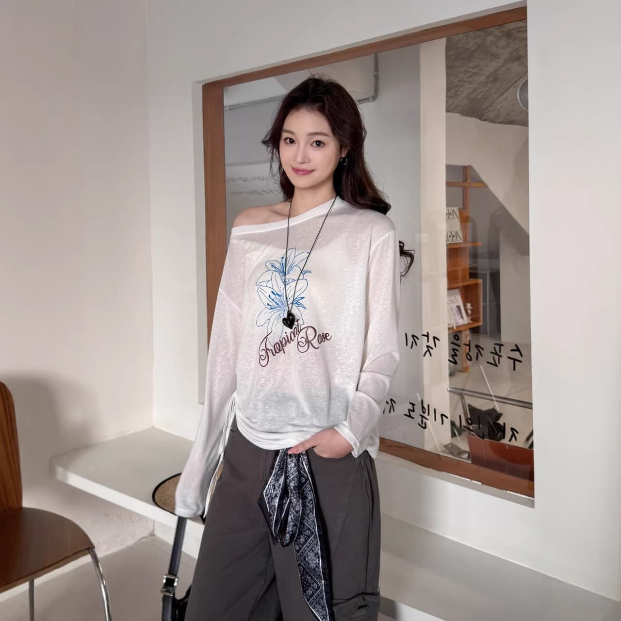 Women's Sun Protection Cardigan, Summer Thin Slightly Sheer Loose Print White Round Neck Long Sleeve Top