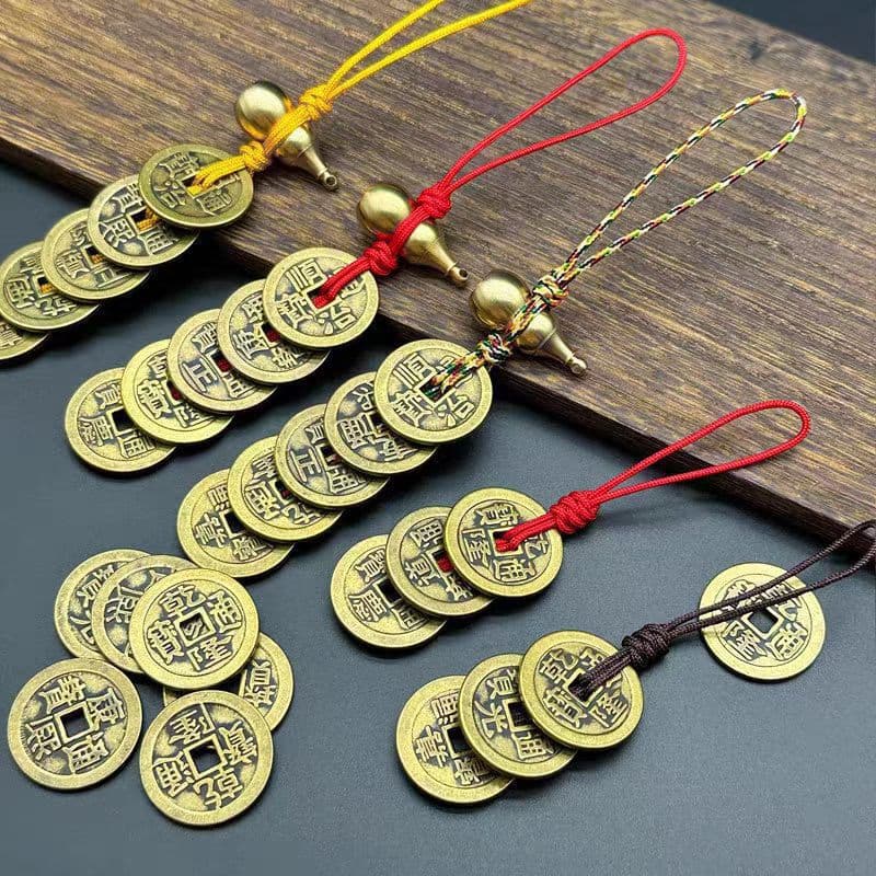 Pure brass thickened Five Emperors Coin door-to-door pendant red and yellow rope pressure threshold copper coin home pendant Six Emperors Coin living room