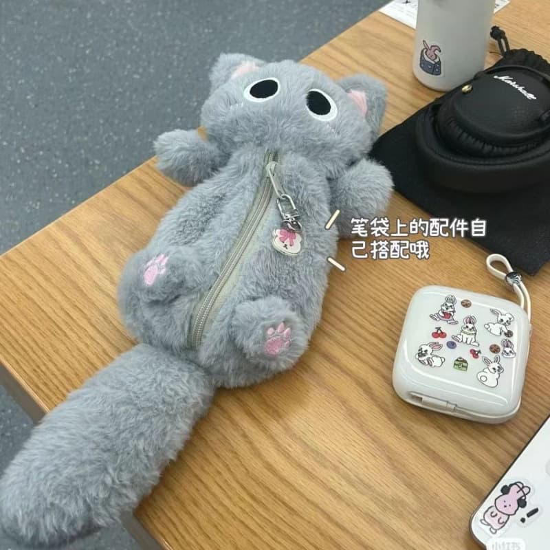 ins style Japanese style gray furry kitten pencil bag with high appearance and cute desktop large capacity student stationery pencil bag