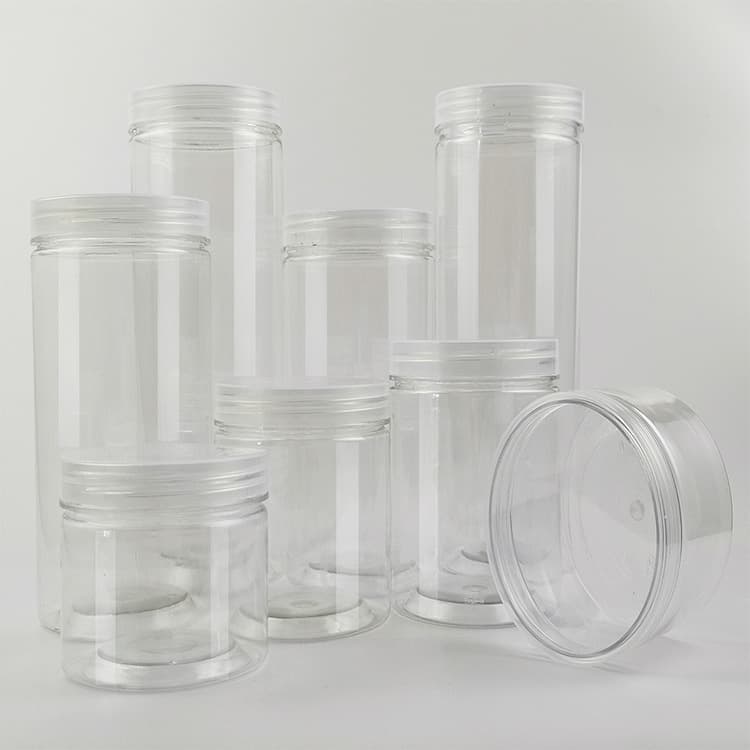 Ready stock wholesale aluminum lid transparent food jars for nuts, grains, snacks, and honey, PET wide-mouth bottles.
