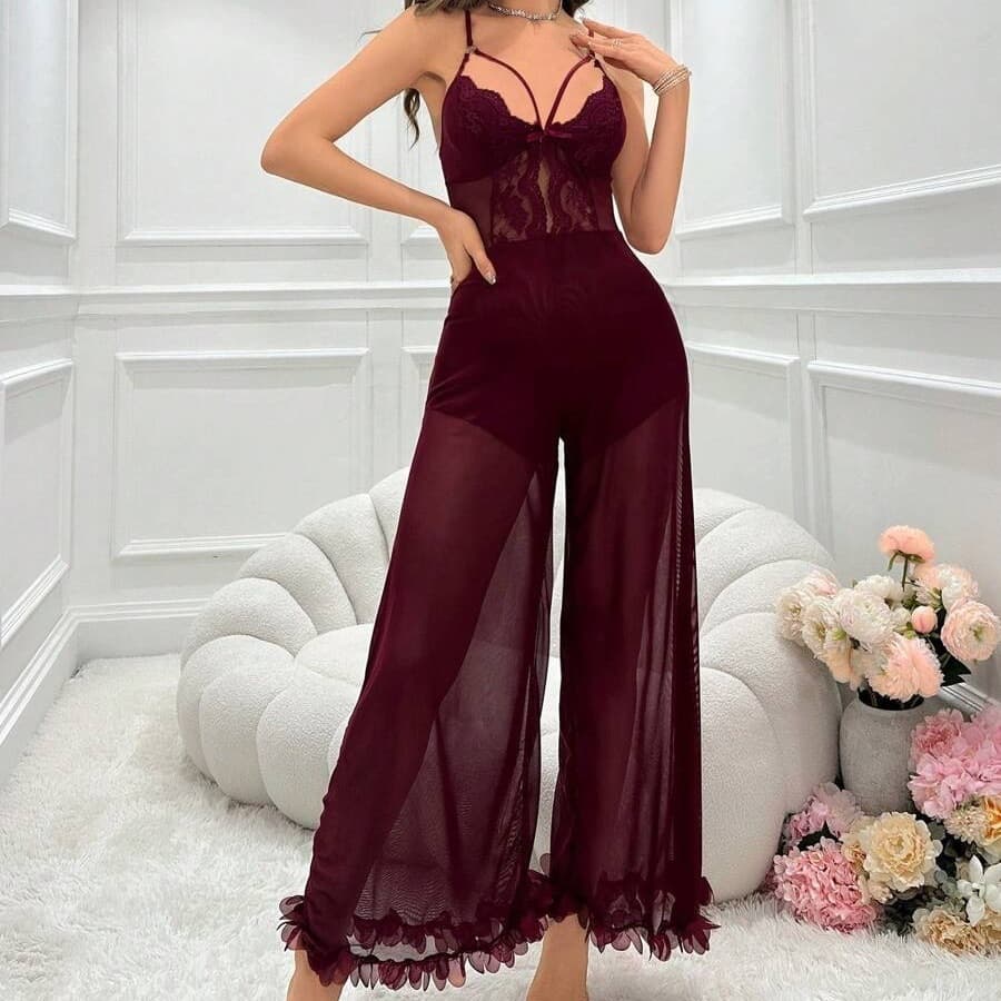 Cross-Border European and American Popular Style Home Wear Lace Sexy Sheer Mesh Long Dress Lingerie Set