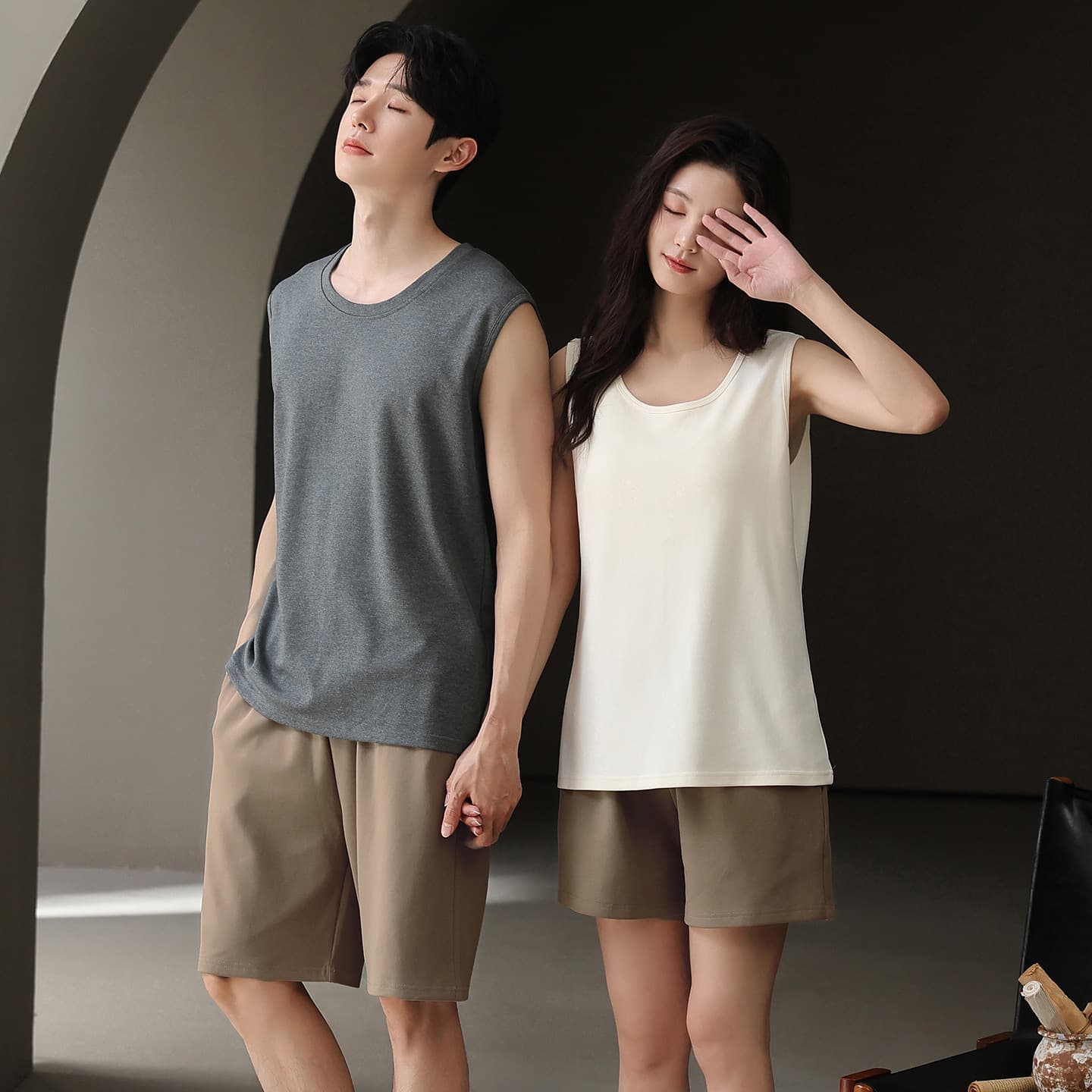 New Cotton Couple Pajamas Men's Summer Vest Shorts Round Neck Pullover Sport Casual Homewear Set Women's Wear Out