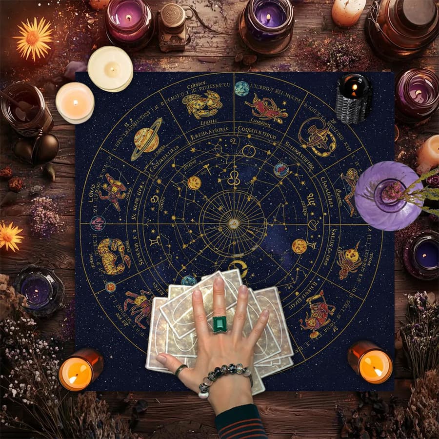 Cross-border hot selling retro flower sun moon 12 constellations tarot card black oracle mat tarot tablecloth mat