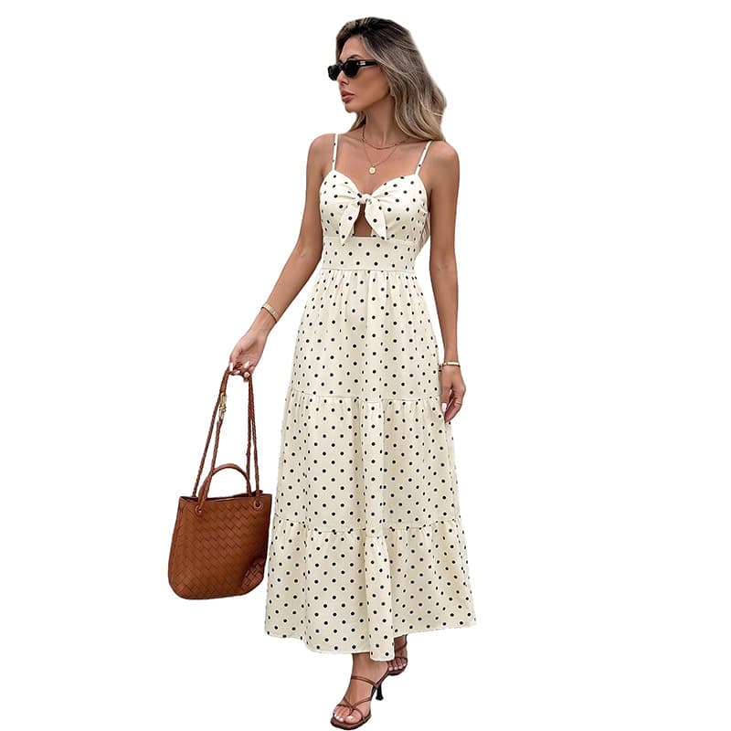 TEMU Europe and America 2026 Summer New Retro Vacation Style Cake Maxi Dress Hollow Out Tie-Dye Polka Dot Spaghetti Strap Dress
