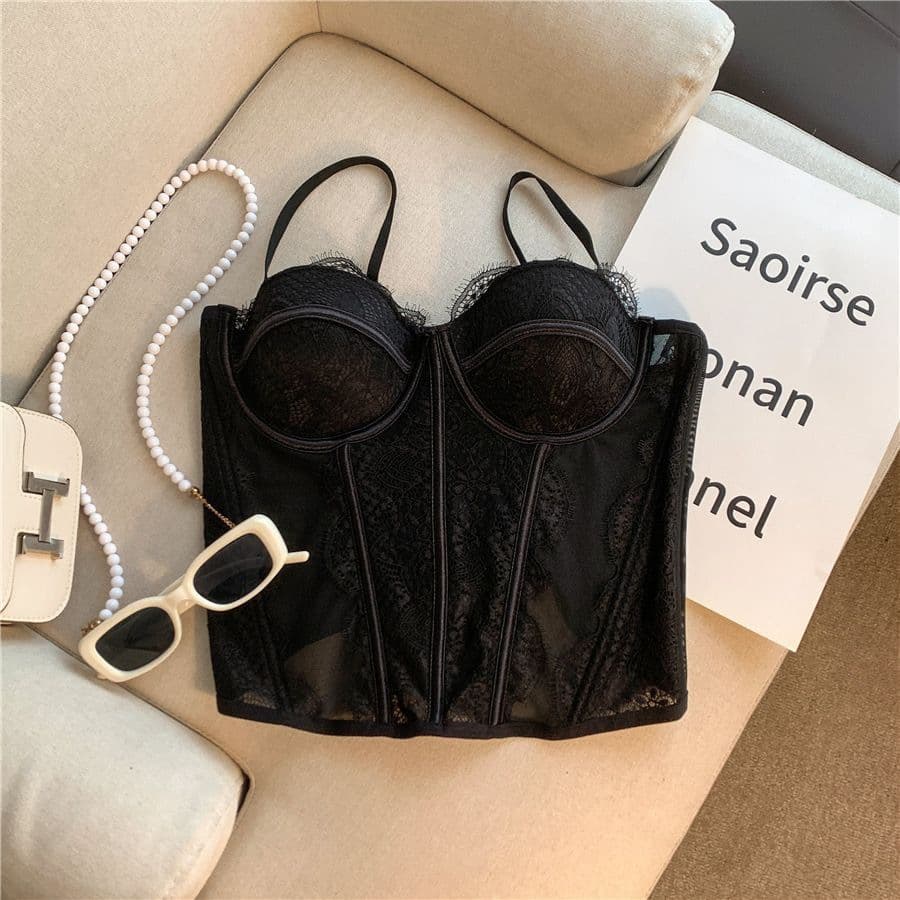 Cross-border Hot Item Sexy Push-up Corset with Fishbone, Eyelash Lace Trim, Sheer Pure Desire Camisole Top