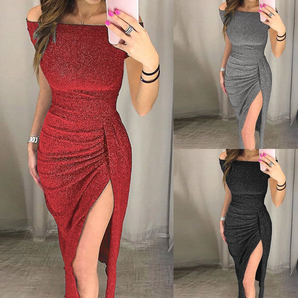 Women's bodycon off-the-shoulder dress with slits, sparkly evening gown, available on Amazon and eBay in Europe and America.